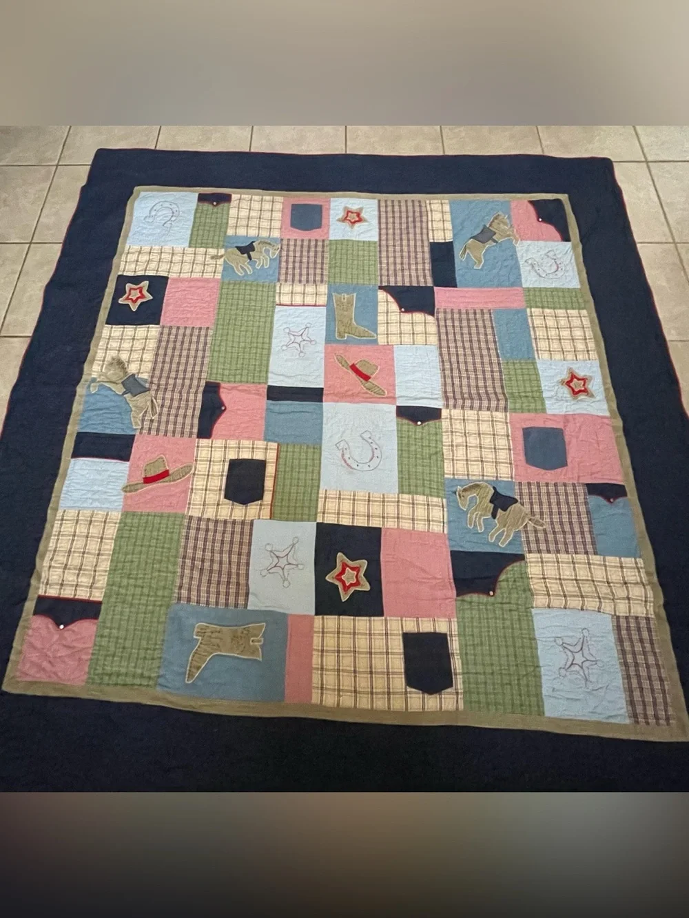 VTG Pottery Barn Kids Wild West Patchwork 100% Cotton Quilt & 2 Pillow Shams